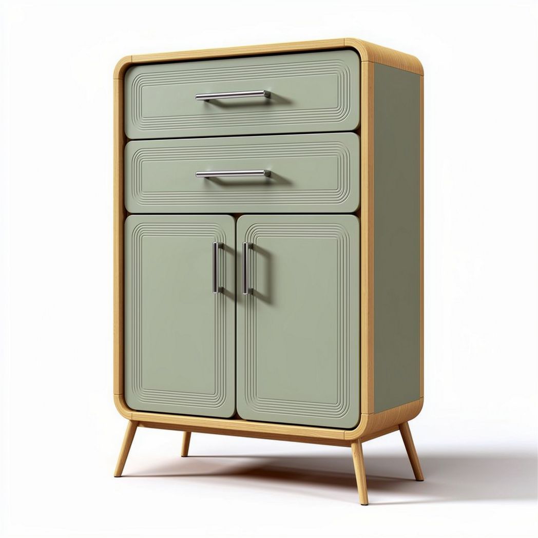 Retro style wooden cabinet with green finish and four storage compartments