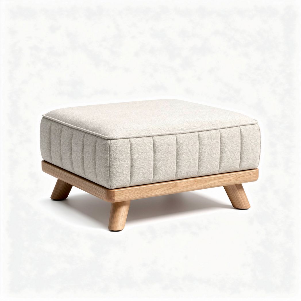 Square ottoman footrest in cream fabric with natural wood base 60 x 60 x 40cm