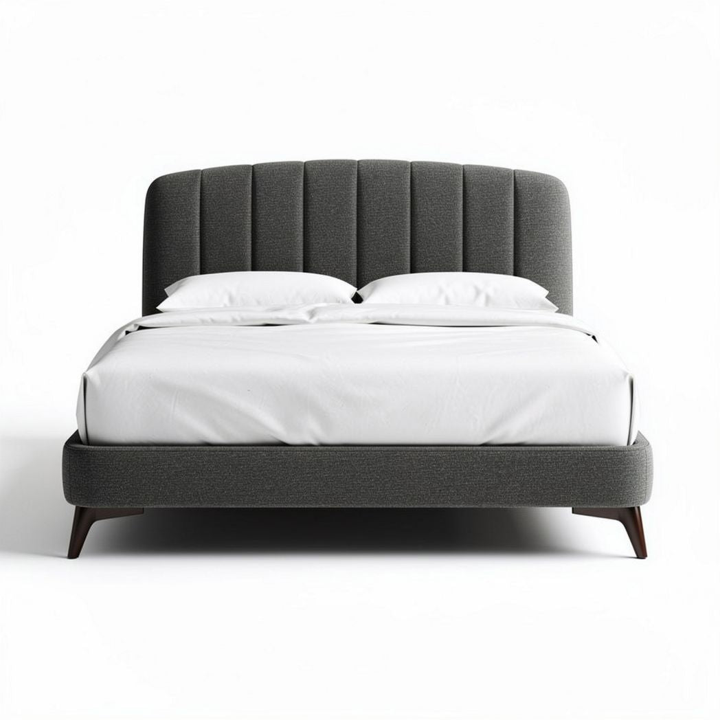 Upholstered king size bed with modern headboard in gray fabric 200 x 160 x 100cm